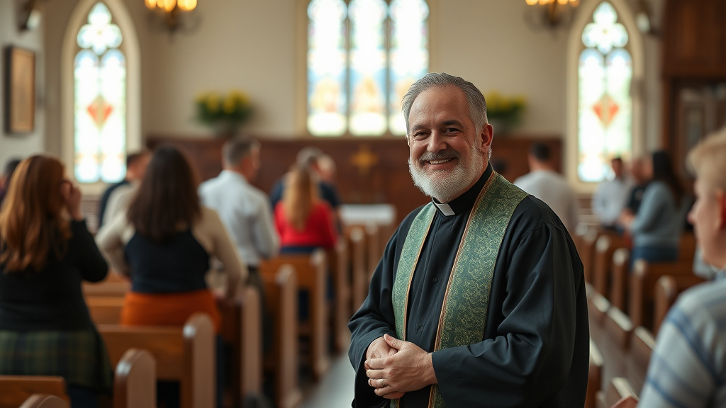 Pfarrer mit grüner Stola lächelt in einer Kirche vor der Kirchengemeinde; Holzbanken und bunte Glasfenster.