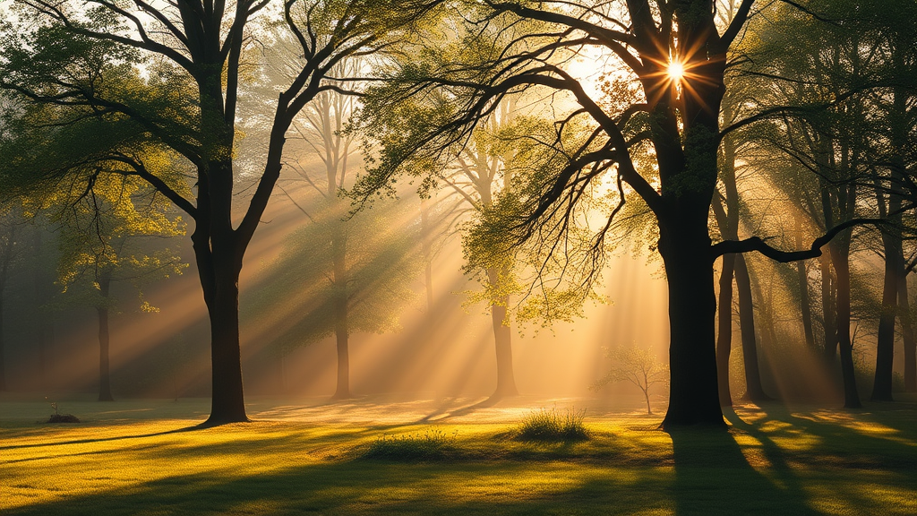 Morgenlicht bricht durch den Wald, goldene Sonnenstrahlen und lange Schatten über dem Gras.