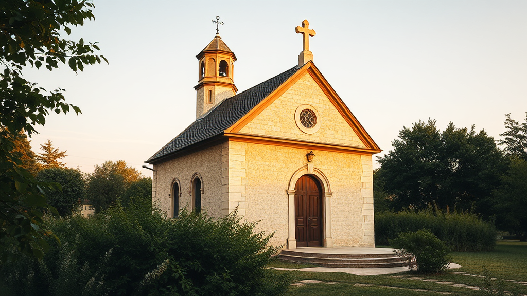 Kleine Stein-Kirche mit Holzportal, Rundfenster, Kreuz und Glockenturm, von Bäumen umgeben im Abendlicht.