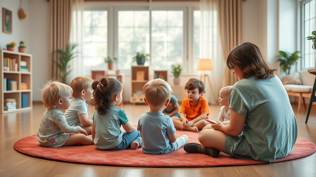 Kleingruppe von Kindern sitzt im Kreis auf rotem Teppich; Erzieherin liest ihnen im hellen Kindergartenraum vor.