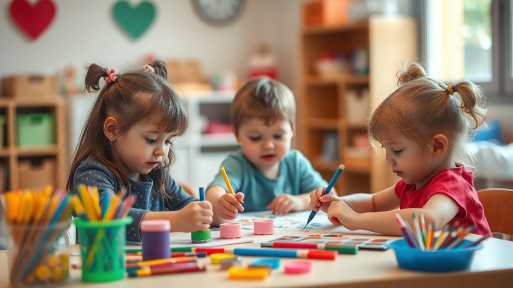 Drei Kleinkinder sitzen an einem Tisch und malen mit Buntstiften in einer Kita.