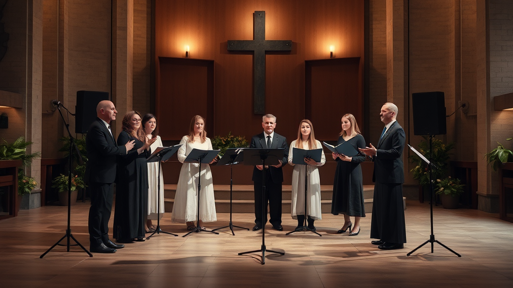 Chorgruppe in formeller Kleidung singt in einer Kirche vor einem großen Kreuz.