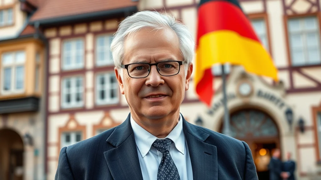 Porträt eines älteren Mannes in Anzug und Brille vor einem Fachwerkhaus; deutsche Flagge weht im Hintergrund.