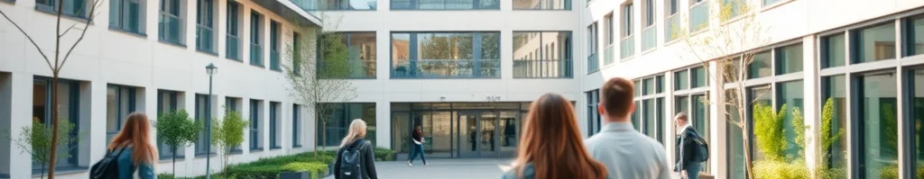 Studenten mit Rucksäcken laufen durch sonnigen Innenhof mit modernen Glasgebäuden und Grünpflanzen.