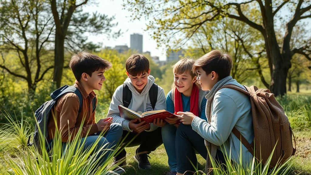 Vier Jugendliche mit Rucksäcken sitzen im Park auf dem Gras und lesen gemeinsam ein Buch.
