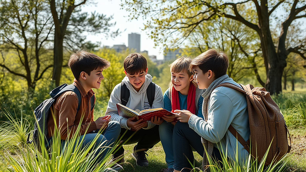 Vier Jugendliche mit Rucksäcken sitzen im Park auf dem Gras und lesen gemeinsam ein Buch.