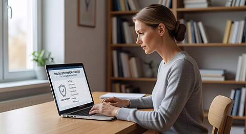 Frau in grauem Pullover tippt am Laptop mit „Digitale Dienste“ und Schloss-Symbol in Büro mit Bücherregal.