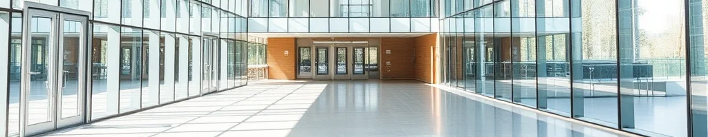 Moderne Glas-Atriumhalle mit Zwischengeschoss, Holzportal und hellem Tageslicht.