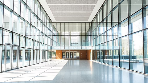 Moderne Glas-Atriumhalle mit Balkon, Glastüren und hellem Boden, sonnendurchflutet.