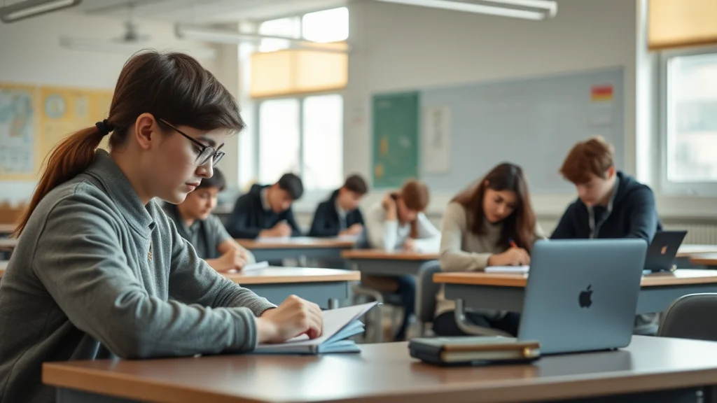 Eine Schülerin mit Brille sitzt im Vordergrund an einem Tisch und liest ein Heft; weitere Lernende arbeiten mit Laptops.