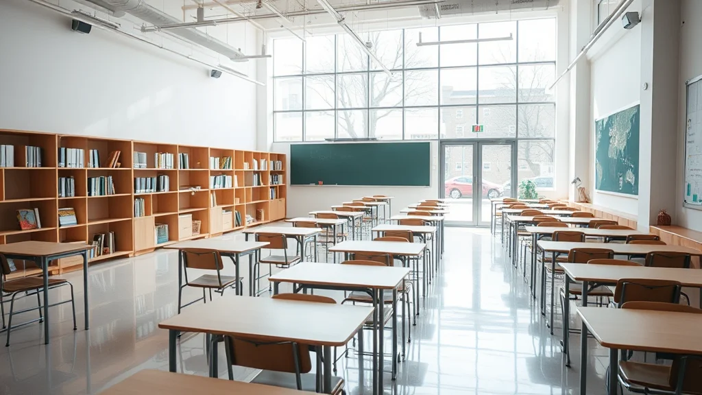 Helles Klassenzimmer mit Reihen Holztische und Stühle, linke Bücherregale, grüne Tafel, große Fensterfront an der Rückwand.
