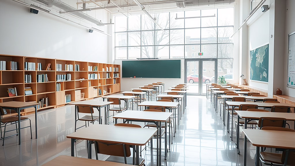 Helles Klassenzimmer mit Reihen Holztische und Stühle, linke Bücherregale, grüne Tafel, große Fensterfront an der Rückwand.