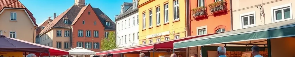 Belebter Marktplatz in einer farbenfrohen Altstadt mit Marktständen, Besuchern und einem Kirchturm im Hintergrund.
