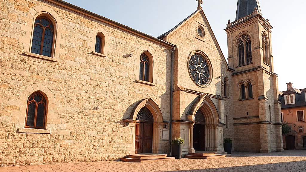 Eine Stein-Kirche mit spitzen Bögen, Rosettenfenster und Turm, im warmen Sonnenlicht.