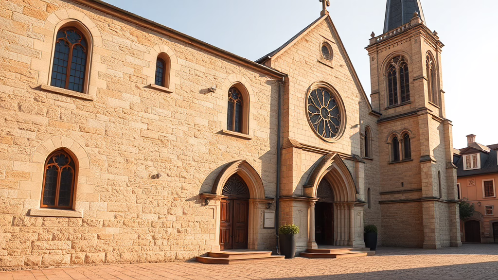 Eine Stein-Kirche mit spitzen Bögen, Rosettenfenster und Turm, im warmen Sonnenlicht.