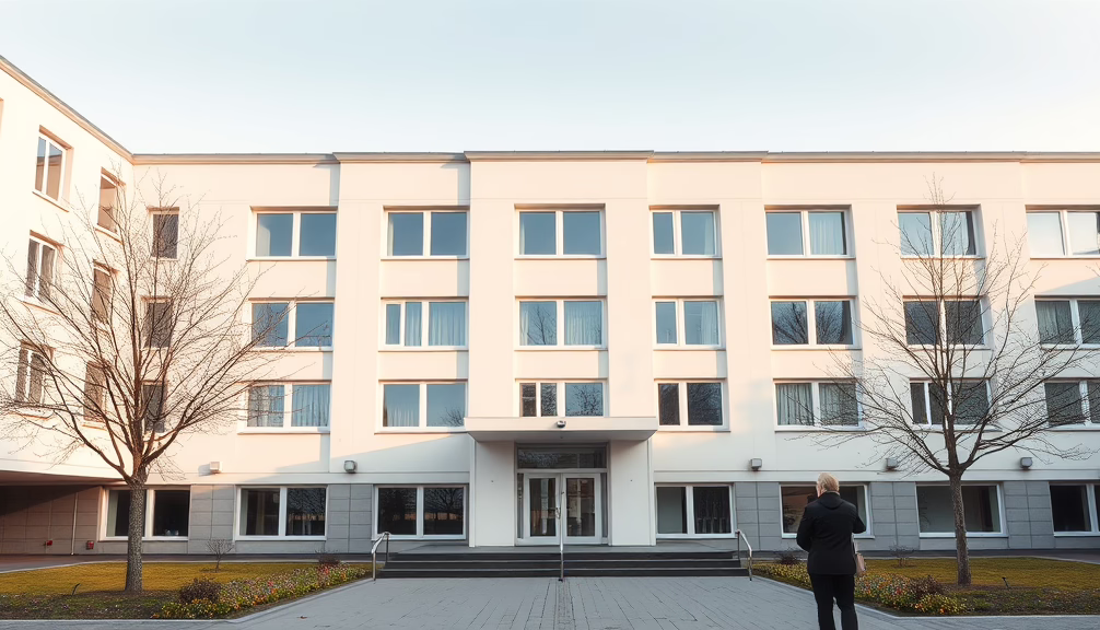 Rückansicht einer Person in schwarzem Mantel vor dem Eingang eines weißen Mehrfamilienhauses mit vielen Fenstern, Bäume und Rasen davor.