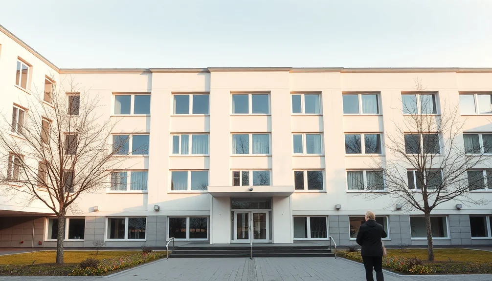 Rückansicht einer Person in schwarzem Mantel vor dem Eingang eines weißen Mehrfamilienhauses mit vielen Fenstern, Bäume und Rasen davor.