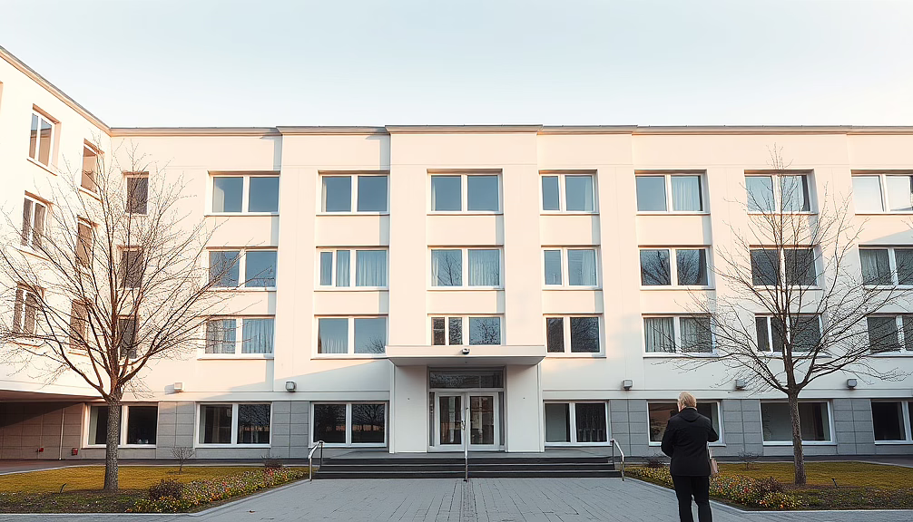 Rückansicht einer Person in schwarzem Mantel vor dem Eingang eines weißen Mehrfamilienhauses mit vielen Fenstern, Bäume und Rasen davor.