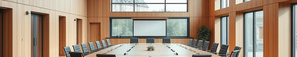 Großes Konferenzzimmer mit ovalem Tisch, schwarzen Rollenstühlen, Holzverkleidung, Bodentiefen Fenstern und Bildschirm.