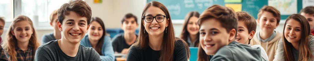 Fröhliche Gruppe diverser Jugendlicher in hellem Klassenzimmer vor Tafel mit Karte und Notizen.