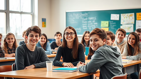 Fröhliche Gruppe Schüler und Lehrerin mit Brille im hellen Klassenzimmer an Tischen mit Büchern.