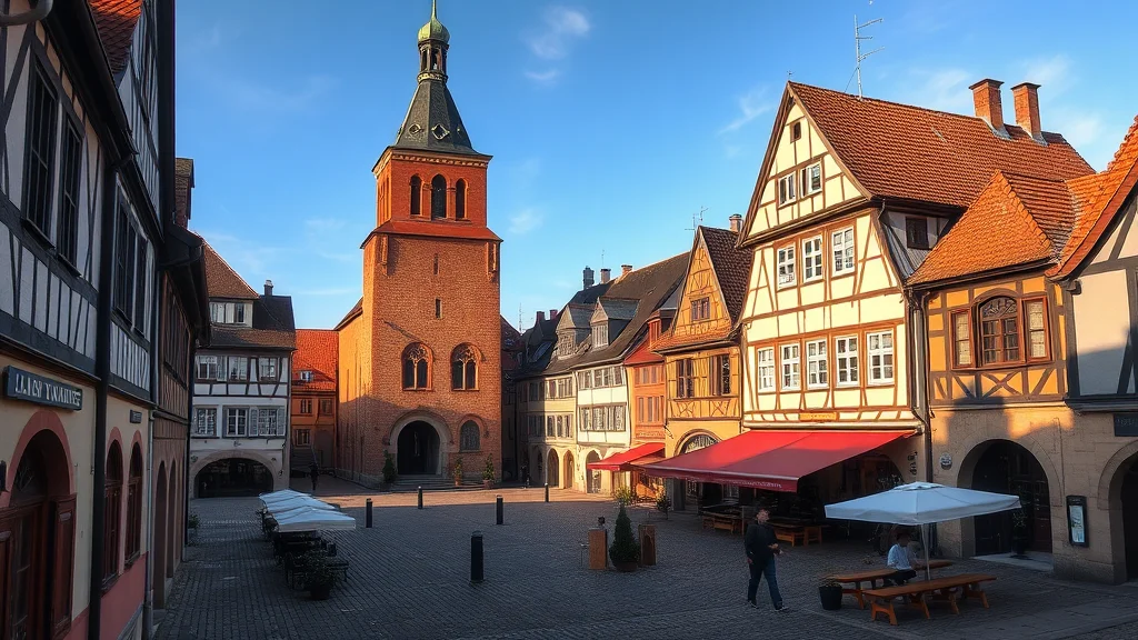 Historischer Marktplatz mit Fachwerkhäusern, zentralem roten Backsteinturm und Straßencafés unter blauem Himmel.