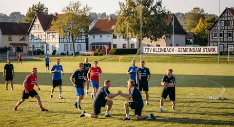 Fußballspieler TSV Kleinbach-Gemünd Samstark auf Rasenplatz: Gruppe in Rot/Blau bei Kraftübung, Fachwerkhäuser im Hintergrund.