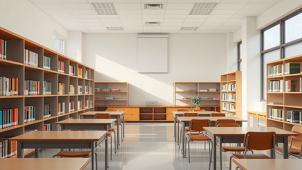 Helle Schulbibliothek mit Bücherregalen links und rechts, Tischen/Stühlen, Fenster rechts und Projektionsleinwand an der Rückwand.