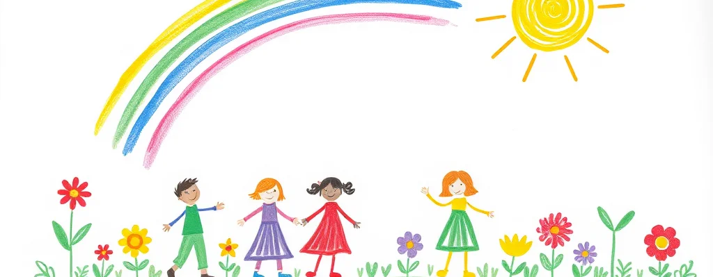 Vier Kinder halten Händchen auf blumigem Gras unter Regenbogen und Sonne.