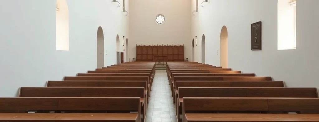 Leere Kirche mit Holzbankreihen, zentralem Mittelgang, weißen Wänden, Bögen und Rundfenster am Ende.