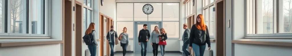 Schulflur mit mehreren Schülern, helles Licht, große Fenster, Türen links und rechts, Uhr am Ende des Gangs.