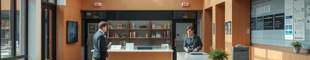 Heller Empfangsbereich mit Holzwand, zwei Personen am Schalter, Bücherregale im Hintergrund; Glasdach lässt Licht herein.