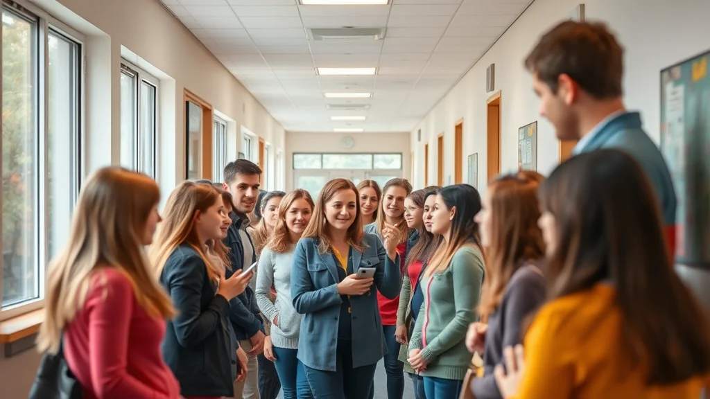 Gruppe junger Menschen plaudert in hellem Schulflur mit Fenstern. Frau mit Handy im Zentrum, leger bekleidet.