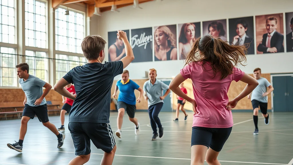 Gruppe Jugendlicher in Turnhalle beim Training; Vordergrund: Junge in Dunkelblau hebt Arm, Mädchen in Pink läuft.