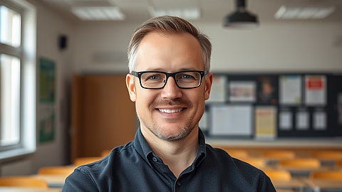 Lächelnder Mann mit Brille im Vordergrund in einem Klassenraum; hinter ihm Tische und Pinnwand.