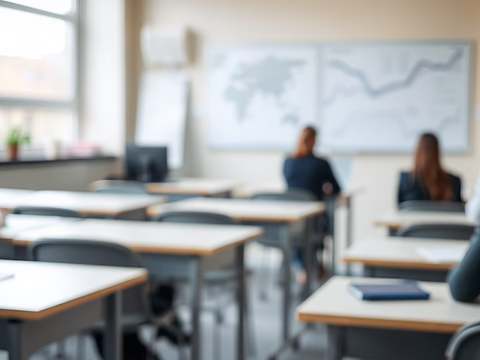 Unterrichtsszene in Seminarraum: Studierende an Tischen, Dozent vor Whiteboard mit Weltkarte und Diagrammen.