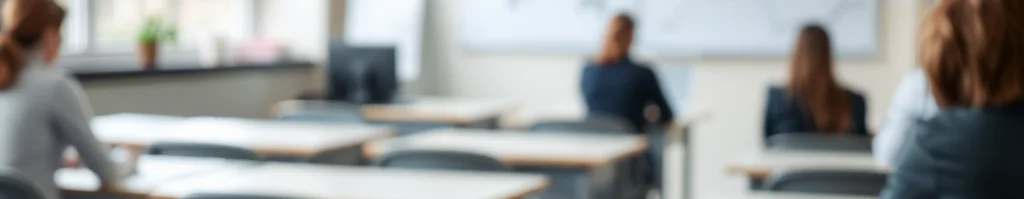 Seminarraum: Dozent vor Whiteboard mit Weltkarte und Diagrammen, Studierende an Tischen.