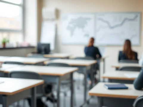 Unterrichtsszene in Seminarraum: Studierende an Tischen, Dozent vor Whiteboard mit Weltkarte und Diagrammen.