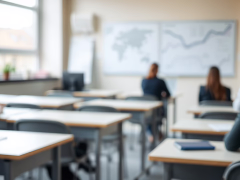 Unterrichtsszene in Seminarraum: Studierende an Tischen, Dozent vor Whiteboard mit Weltkarte und Diagrammen.