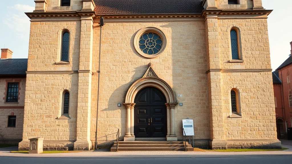 Beige Stein-Kirche im Sonnenlicht mit Rosettenfenster über dem Eingang, dunkler Holztür und seitlichen Türmen.