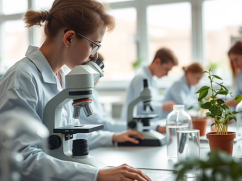 Wissenschaftlerin im Labor schaut durch ein Mikroskop; weitere Forscher arbeiten im Hintergrund; Pflanzen stehen auf dem Tisch.
