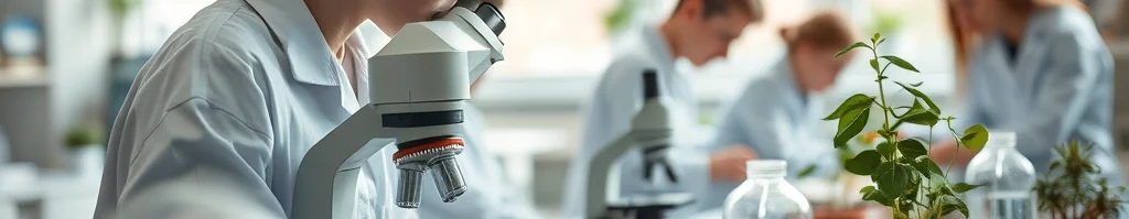 Wissenschaftlerin im Labor schaut durch ein Mikroskop; im Hintergrund arbeiten weitere Forscher, Pflanzen stehen auf dem Tisch.