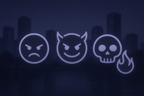 Neon angry face, smiling devil, and flaming skull against dark city skyline.