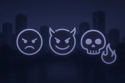 Neon angry face, smiling devil, and flaming skull against dark city skyline.