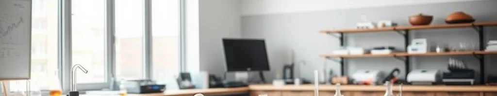 Chemielabor: Glasflaschen und Erlenmeyer mit Flüssigkeiten auf dem Labortisch, Regale, Computer und Whiteboard.