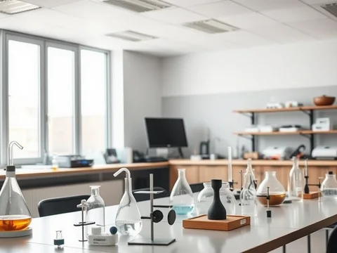 Chemielabor: Glasflaschen und Erlenmeyer mit Flüssigkeiten auf dem Labortisch; Hintergrund mit Regalen, Computer und Whiteboard.