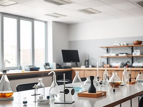 Chemielabor: Glasflaschen und Erlenmeyer mit Flüssigkeiten auf dem Labortisch; Hintergrund mit Regalen, Computer und Whiteboard.