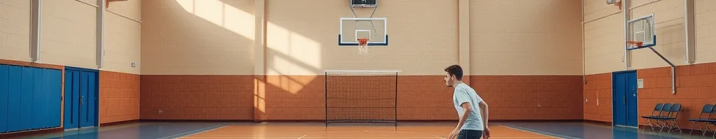 Junger Mann joggt in einer leeren Indoor-Sporthalle; Basketballkorb und bunte Hallenbodenlinien sichtbar.