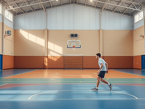 Junger Mann läuft joggend durch eine leere Indoor-Sporthalle mit Basketballkorb und bunten Hallenbodenlinien.