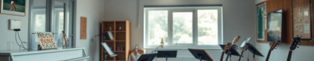 Musikraum mit weißem Flügel links, Gitarren rechts, Notenständern, Stühlen und Fenster im Hintergrund.